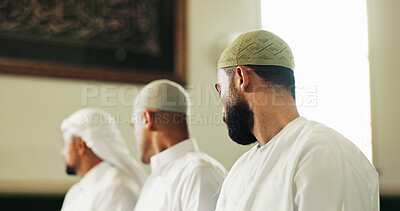Buy stock photo Spiritual, prayer and Muslim men in mosque, faith and peace for Palestine, calm or arabic culture. Islamic group, people or worship in holy temple, religion and community solidarity with gratitude