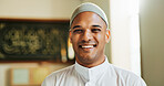 Muslim, portrait or happy man in mosque for religion, spiritual guidance or faith in Saudi Arabia. Gratitude, purpose or proud Islamic person with smile in temple for Allah worship, praise and peace