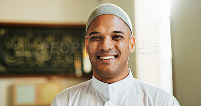Buy stock photo Muslim, portrait or happy man in mosque for religion, spiritual guidance or faith in Saudi Arabia. Gratitude, purpose or proud Islamic person with smile in temple for Allah worship, praise and peace