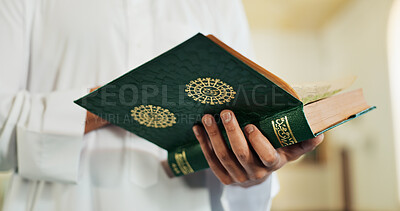 Buy stock photo Islamic person, hands and Quran in temple for learning, studying and spiritual worship for praise Allah. Muslim, faith and Imam with holy book for guidance, reading scripture and prayer in mosque