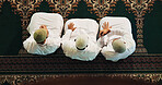 Muslim, prayer and men with handshake in mosque for greeting, respect and support in religion. Above, worship and people with shaking hands in holy temple for islamic community and spiritual praise