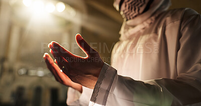 Buy stock photo Muslim person, light or hands praying to worship for Palestine, gratitude or support to Allah in holy temple. Dua, Islamic religion and asking God for spiritual guidance, blessing or Ramadan Kareem