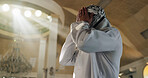 Muslim person, light or praying in mosque to worship for Palestine, help or gratitude to Allah in holy temple. Dua, Islamic religion or asking God for spiritual guidance, blessing or Ramadan Kareem