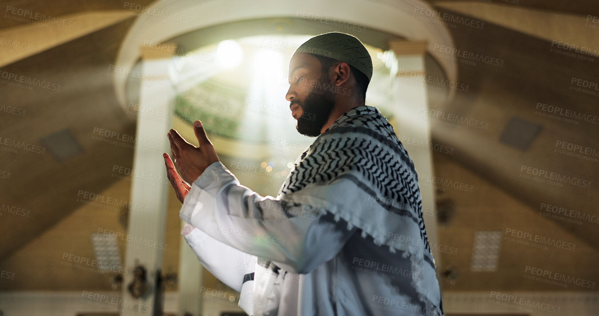 Buy stock photo Muslim man, faith or prayer in mosque to worship for Palestine, help or gratitude to Allah in holy temple. Light, Islamic religion or asking God for spiritual guidance, blessing or Ramadan Kareem