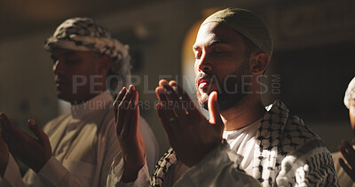 Buy stock photo Muslim religion, dua or man praying to worship for Palestine, gratitude or support to Allah in holy temple. Mosque, Islamic people and asking God for spiritual guidance, blessing or Ramadan Kareem