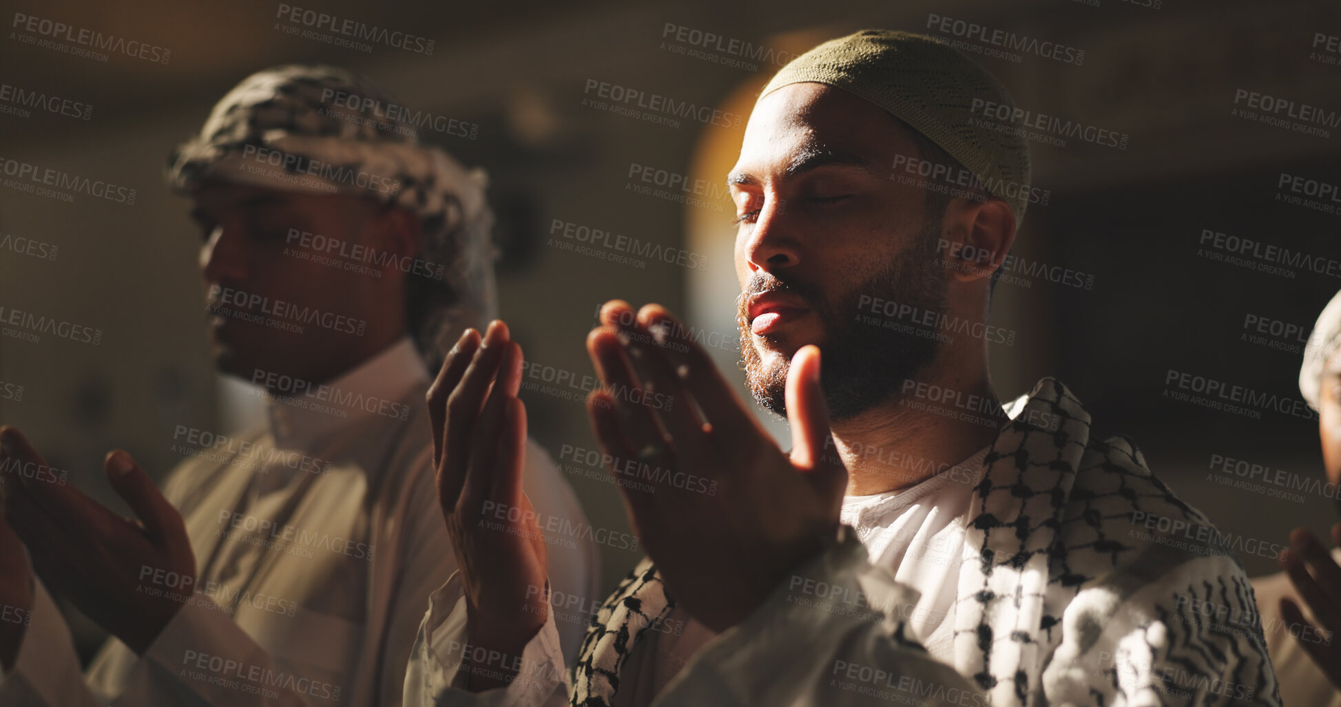 Buy stock photo Muslim religion, dua or man praying to worship for Palestine, gratitude or support to Allah in holy temple. Mosque, Islamic people and asking God for spiritual guidance, blessing or Ramadan Kareem