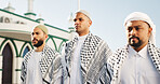 Outdoor, men and mosque for faith, group and community with belief in Allah, Islamic religion and prayer. Hajj pilgrimage, serious and Muslim people with thobe to worship, spiritual and holy temple