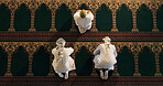 Mosque, above or Muslim people praying to worship for Palestine, gratitude or support to Allah in holy temple. Dua, Islamic religion and asking God for spiritual guidance, blessing or Ramadan Kareem