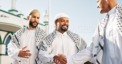 Buy stock photo Muslim, men and handshake with smile, outdoor and mosque for belief in Allah, Islamic religion and spiritual. Agreement, happy and people with gesture for prayer, culture and holy temple for Eid