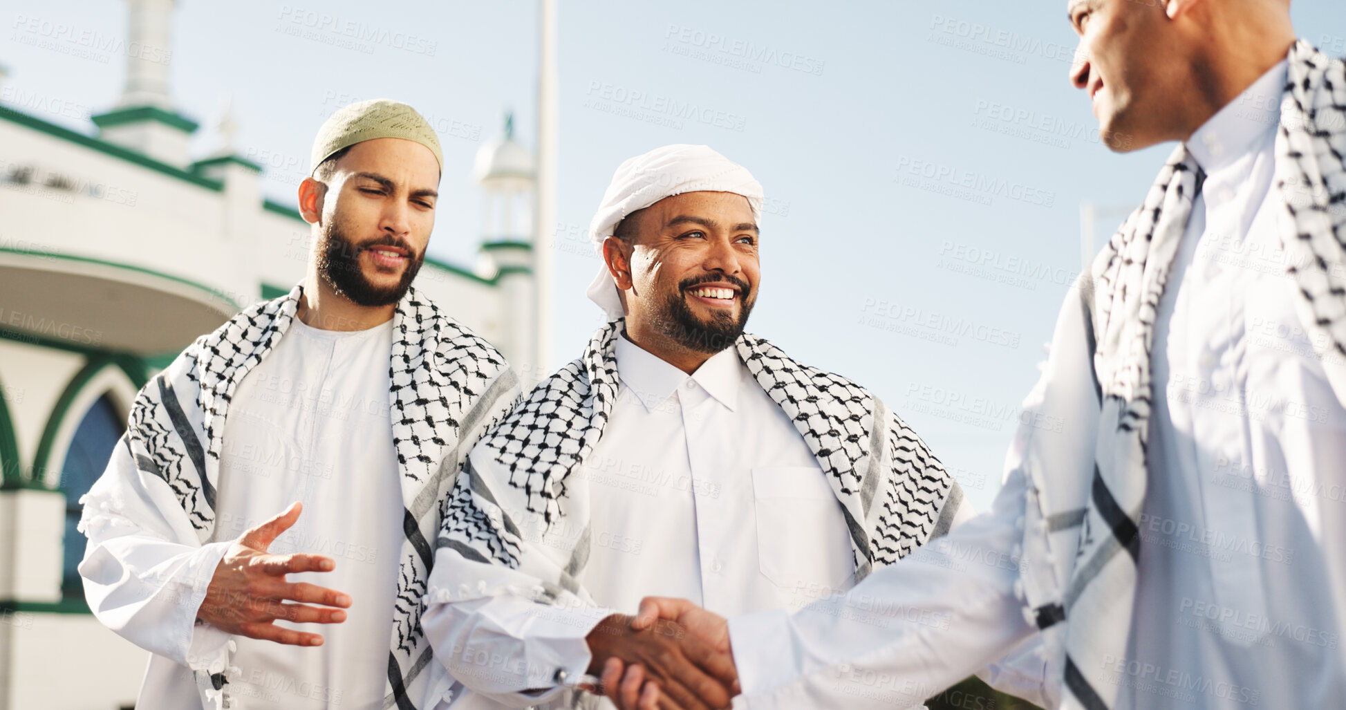 Buy stock photo Muslim, men and handshake with smile, outdoor and mosque for belief in Allah, Islamic religion and spiritual. Agreement, happy and people with gesture for prayer, culture and holy temple for Eid