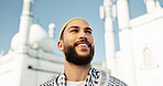 Thinking, outdoor and mosque with Islamic man, religion and smile with faith, arabic culture and gratitude. Muslim person, traditional clothes and belief with contemplation, holy temple and Mecca