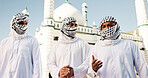 Outdoor, mosque and muslim men with faith, talking and covering face with keffiyeh, religious and building. Holy, Islamic and people with thobe, conversation and political discussion for Palestine