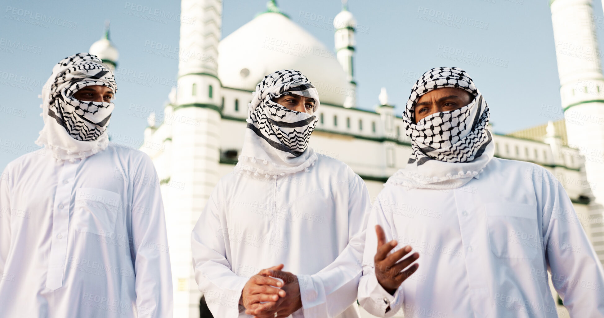 Buy stock photo Outdoor, mosque and muslim men with faith, talking and covering face with keffiyeh, religious and building. Holy, Islamic and people with thobe, conversation and political discussion for Palestine