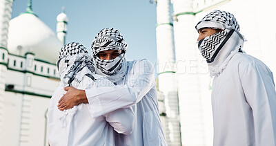 Buy stock photo Religious, men and hug for faith, Muslim and friends with culture, mosque and conversation for prayer. Outdoor, Islamic and people with embrace for worship, spiritual and holy temple for Allah