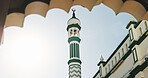 Outdoor, religion and mosque for faith, building and architecture for Muslim belief, Islamic and holy. Structure, scenery and temple to worship Allah, spiritual and landmark for culture or design