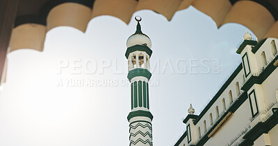 Buy stock photo Outdoor, religion and mosque for faith, building and architecture for Muslim belief, Islamic and holy. Structure, scenery and temple to worship Allah, spiritual and landmark for culture or design