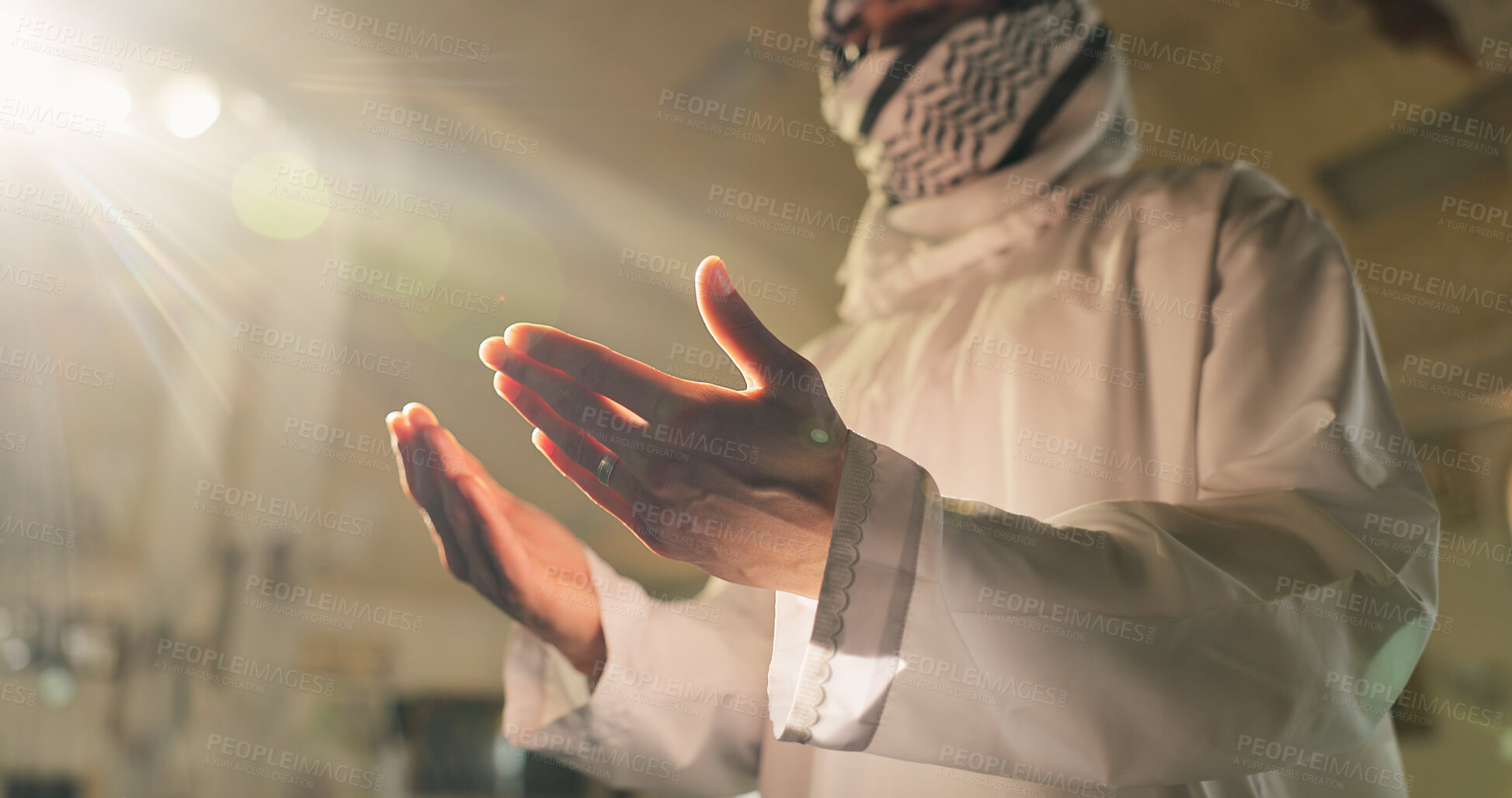 Buy stock photo Muslim person, dua or hands praying to worship for Palestine, gratitude or support to Allah in holy temple. Mosque, Islamic religion and asking God for spiritual guidance, blessing or Ramadan Kareem