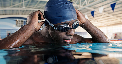 Buy stock photo Swimming pool, sports and black man in water for workout, training and exercise for race event. Fitness, aquatic center and swimmer in gym for practice, challenge and competition for performance