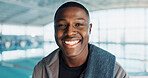 Coach, swimming pool or portrait of happy black man with confidence for exercise program. Gym teacher, indoor facility or proud personal trainer in fitness center for wellness or training performance