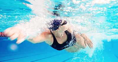 Buy stock photo Swimming, routine and athlete in pool, water and practice for competition, healthy and workout in morning. Active, swimmer and person with energy for performance, exercise and training for sports