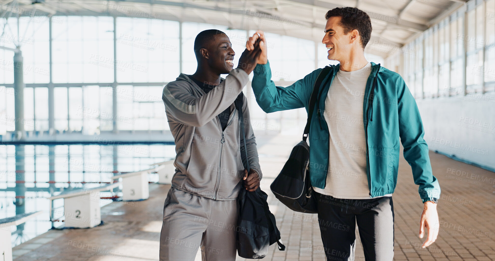 Buy stock photo Friends, training and swimming pool with people and high five for fitness team, coaching and support. Competition, personal trainer and exercise progress with athlete at workout center for sucess