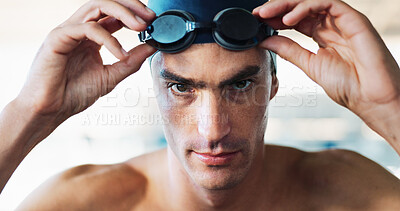 Buy stock photo Portrait, athlete and man with goggles for swimming preparation, fitness event and sports training. Male person, ready and pride with exercise practice, workout competition and water contest for race