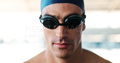Buy stock photo Portrait, active and man with goggles of swimming preparation, fitness event and sport training. Male person, ready and confident for exercise practice, workout competition and water contest for race