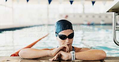 Buy stock photo Swimming, athlete and time on watch in pool for training results, check stats and track progress. Swimmer, woman and stopwatch in water for fitness challenge, lap speed or monitor contest performance