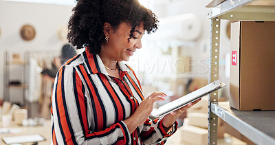 Buy stock photo Small business, woman and boxes on tablet of distribution, online order and list on fashion website. Person, digital and logistics for quality assurance, clothes ecommerce and inventory management
