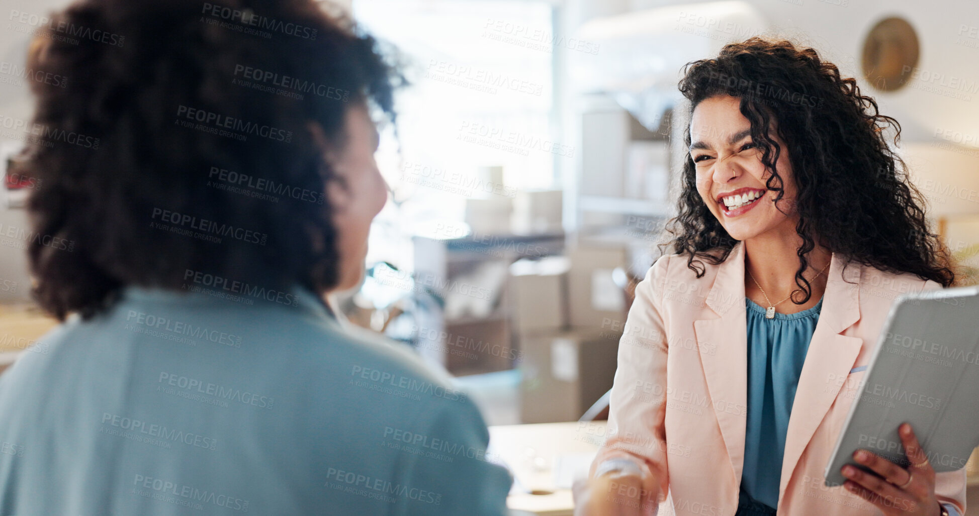 Buy stock photo Woman, happy and handshake in workshop for small business, logistics collaboration and tablet for ecommerce. Startup team, shaking hands and excited with tech for supplier agreement and networking