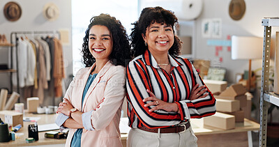 Buy stock photo Business, support and women with partners, portrait and supply chain with shipping, fashion company or teamwork. Face, collaboration for startup or people with manufacturing, clothes or arms crossed