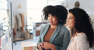 Buy stock photo Happy, collaboration and women with sticky notes, business and fashion designer with ideas for brand. Smile, partnership and people with info for clothing design, stylist and brainstorming for launch