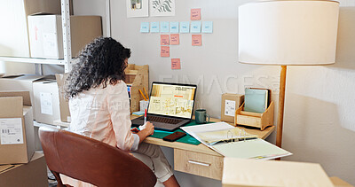 Buy stock photo Entrepreneur, writing or woman with laptop for distribution, shipping schedule or inventory management. Business, person or notebook for ecommerce, logistics diary or supply chain for order checklist