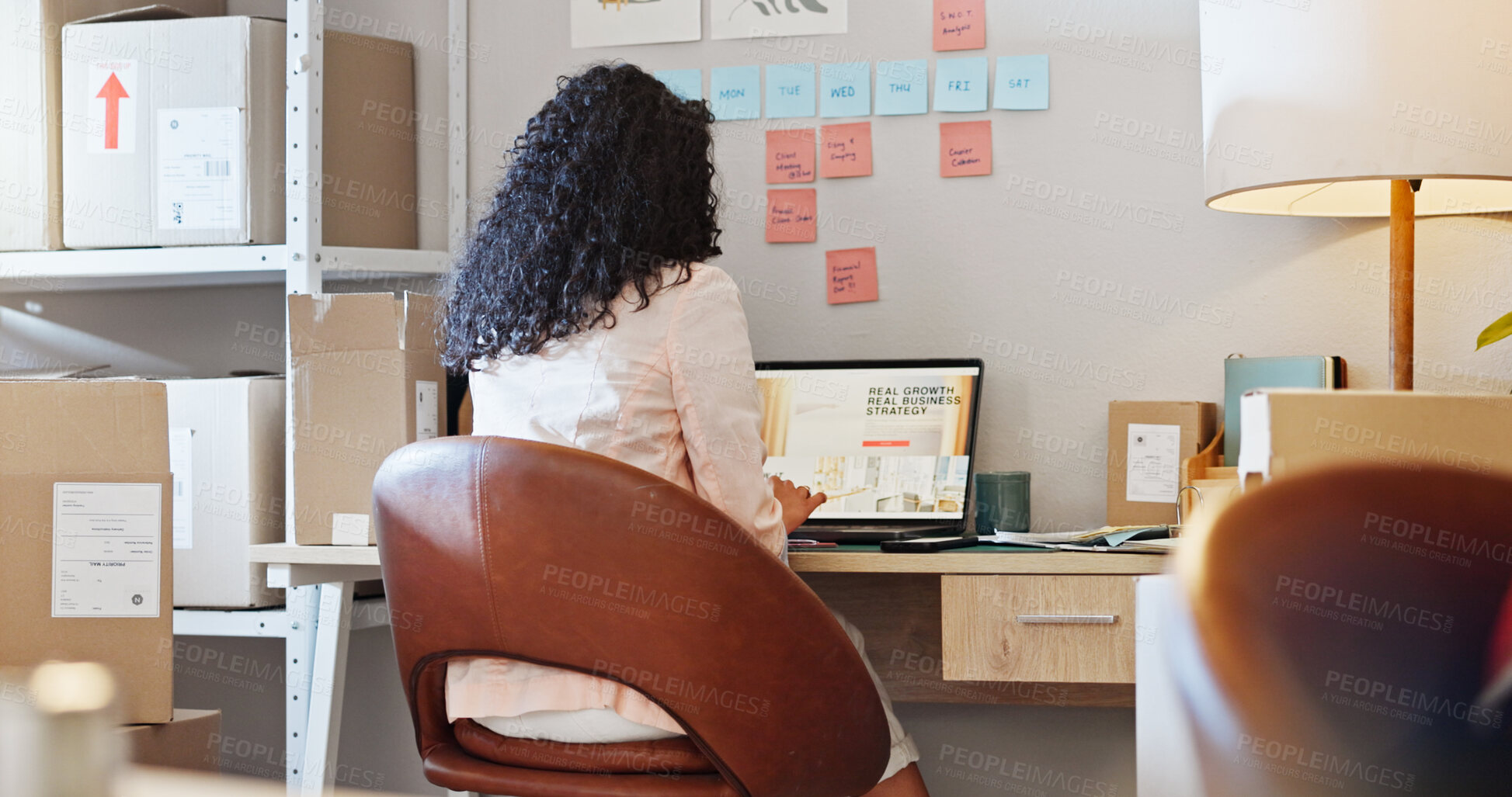 Buy stock photo Small business website, woman and laptop screen for ecommerce, dropshipping reviews or goods procurement. Shipping industry, back or employee with inventory management, order delivery or distribution