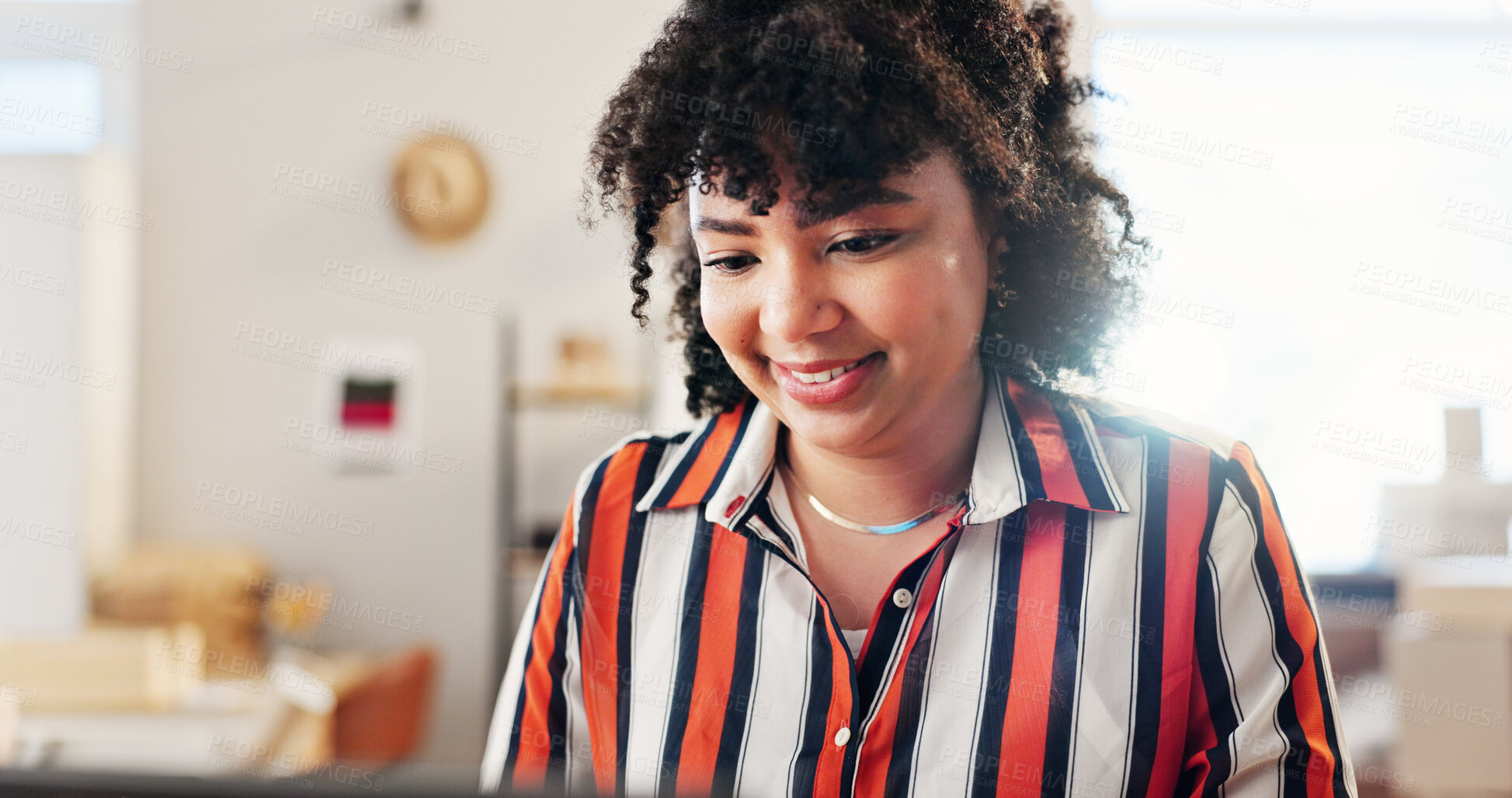 Buy stock photo Logistics, startup or woman with smile for shipping, delivery schedule or inventory management. Small business, person or online feedback for ecommerce, boxes and supply chain with order checklist