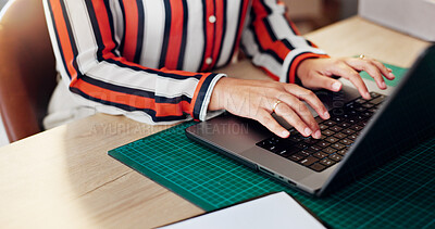 Buy stock photo Startup, hands or woman typing on laptop for shipping, delivery schedule or inventory management. Small business, person or online feedback for ecommerce, website and supply chain with sales order