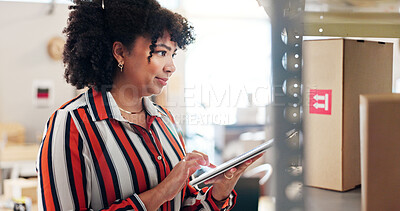 Buy stock photo Woman, tablet and check boxes of small business of online order, supply chain and fashion website. Person, digital or parcel for quality control, clothes ecommerce and inventory stock of distribution