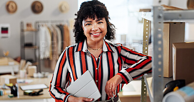 Buy stock photo Portrait, smile and woman with boxes for small business, fashion ecommerce and management of boutique. Female person, tablet and happy with supply chain, clothing production and logistic distribution