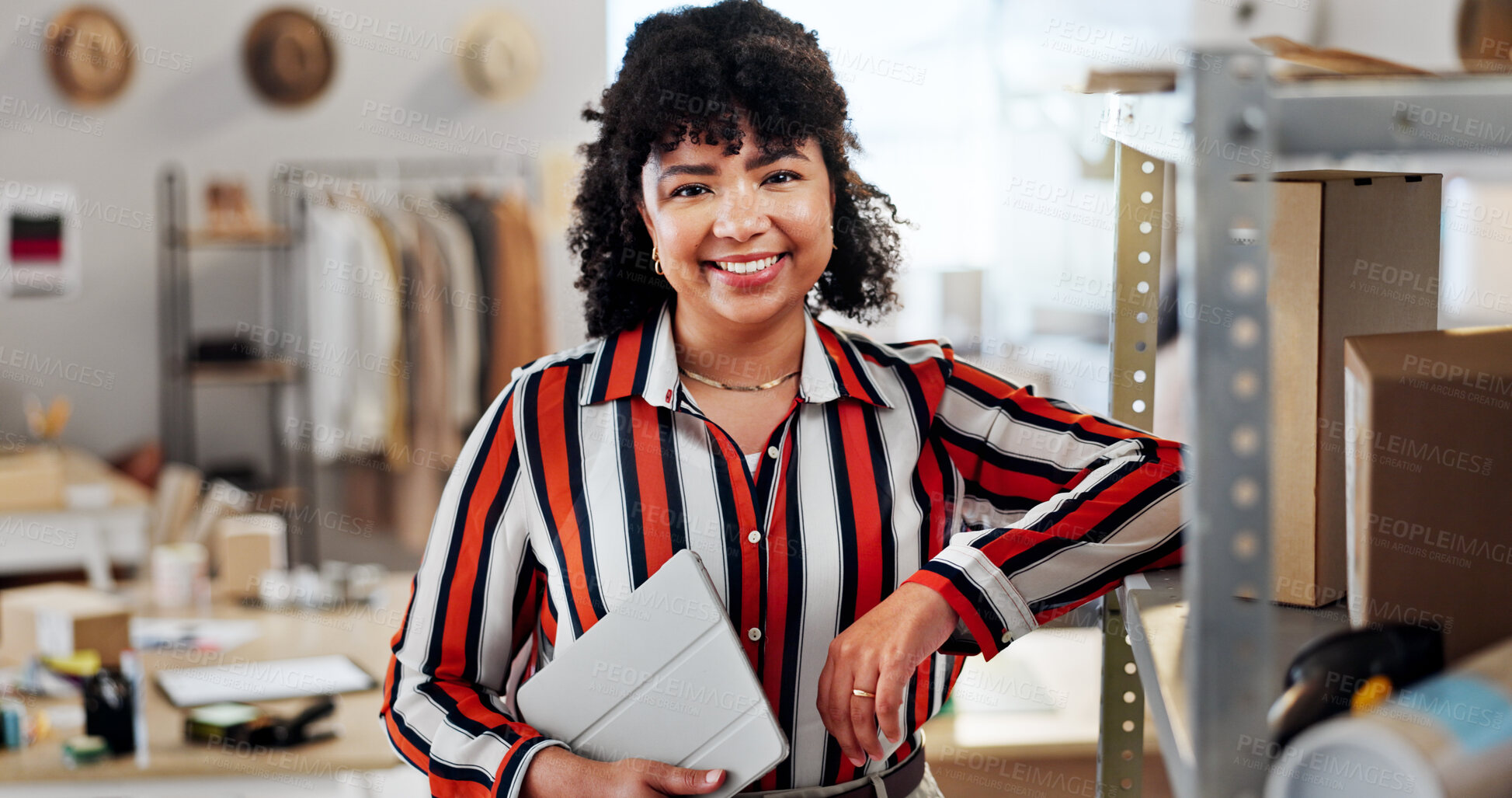Buy stock photo Portrait, smile and woman with boxes for small business, fashion ecommerce and management of boutique. Female person, tablet and happy with supply chain, clothing production and logistic distribution