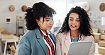 Business, people and talk on tablet for distribution of online orders, delivery schedule and logistics. Women, explaining and digital for checklist of ecommerce, supply chain and inventory management