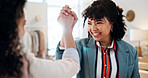Online shop, happy and business women with high five for profit celebration, ecommerce sales or startup growth. Fashion boutique, people and excited with store success, teamwork or retail opportunity