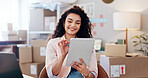 Fashion, woman and logistics with tablet for supply chain, business management or stock for ecommerce. Workshop, female seller and smile with tech for inventory, online order or shipping confirmation