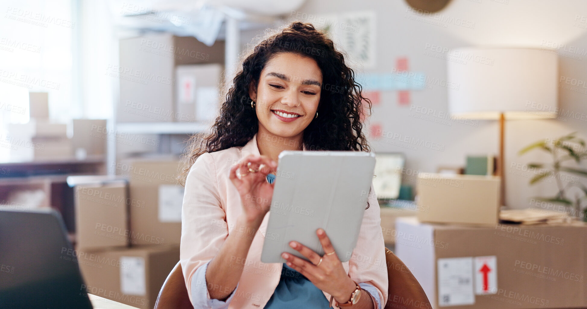 Buy stock photo Fashion, woman and logistics with tablet for supply chain, business management or stock for ecommerce. Workshop, female seller and smile with tech for inventory, online order or shipping confirmation