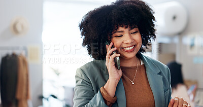 Buy stock photo Fashion store, smile and woman with phone call at small business for stock order, dropshipping and supply chain. Ecommerce, african person and talking to client for customer service and delivery info
