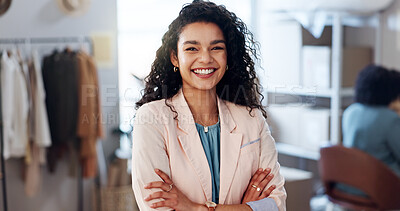 Buy stock photo Portrait, business and woman with arms crossed, fashion company and designer with supply chain. Face, happy person or entrepreneur in workplace, commerce and logistics with distribution or confidence