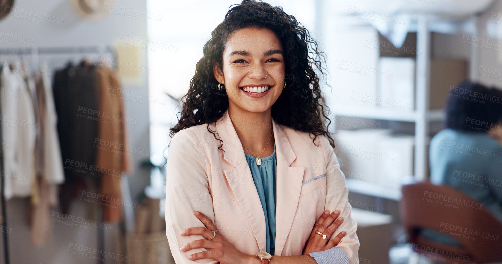 Buy stock photo Portrait, business and woman with arms crossed, fashion company and designer with supply chain. Face, happy person or entrepreneur in workplace, commerce and logistics with distribution or confidence