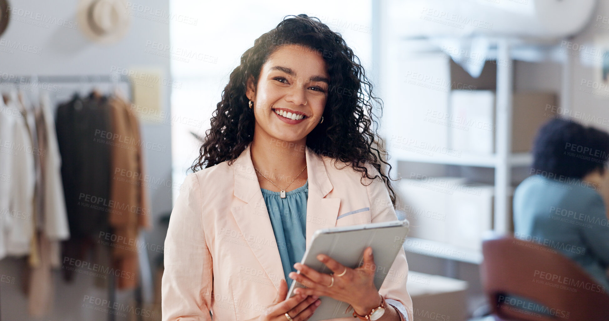 Buy stock photo Portrait, happy and woman with tablet of distribution, fashion ecommerce and boutique management. Female person, digital and small business of supply chain , clothes production and logistic inventory