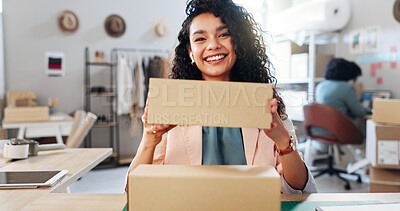 Buy stock photo Logistics, video call and portrait of woman with boxes in office for ecommerce information. Happy, sale and female designer live streaming with cardboard packages for discount promotion with cargo.