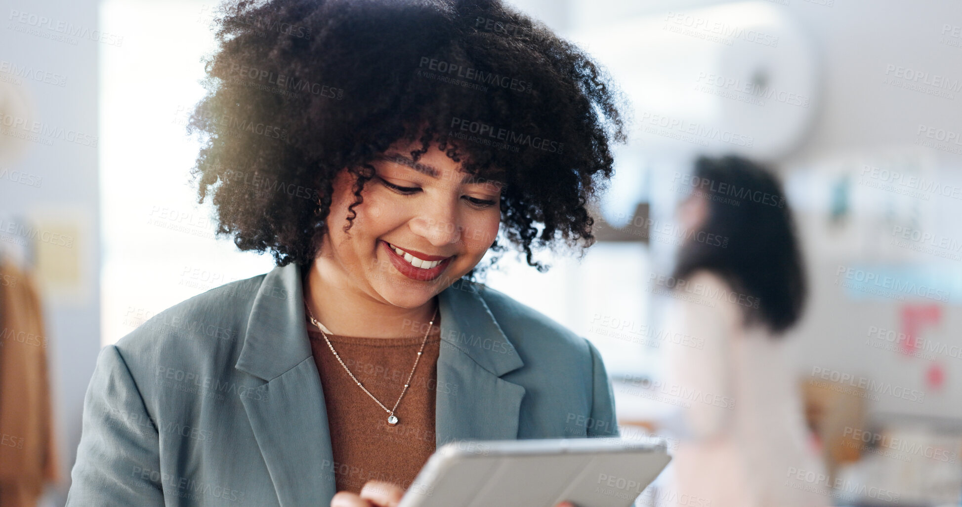 Buy stock photo Smile, business and woman on tablet for distribution of online orders, delivery schedule and logistics. Happy, person and digital app for checklist of ecommerce, supply chain and inventory management