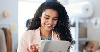 Buy stock photo Smile, business and woman on tablet for distribution of online order, supply chain and fashion website. Person, digital and logistics for quality assurance, clothes ecommerce and inventory management